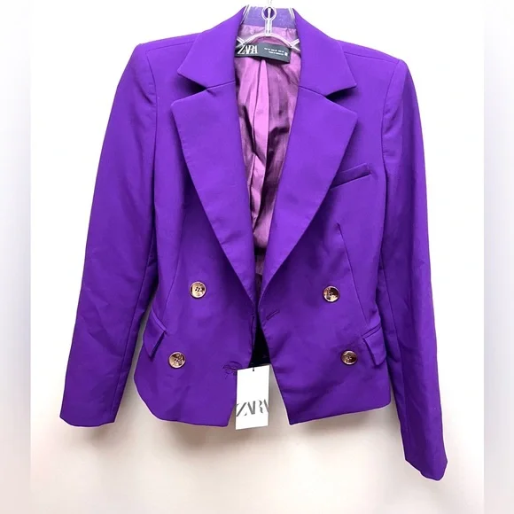 ZARA Double Breasted Crop Long Sleeve Purple Blazer Jacket XS NWT - Picture 2 of 11